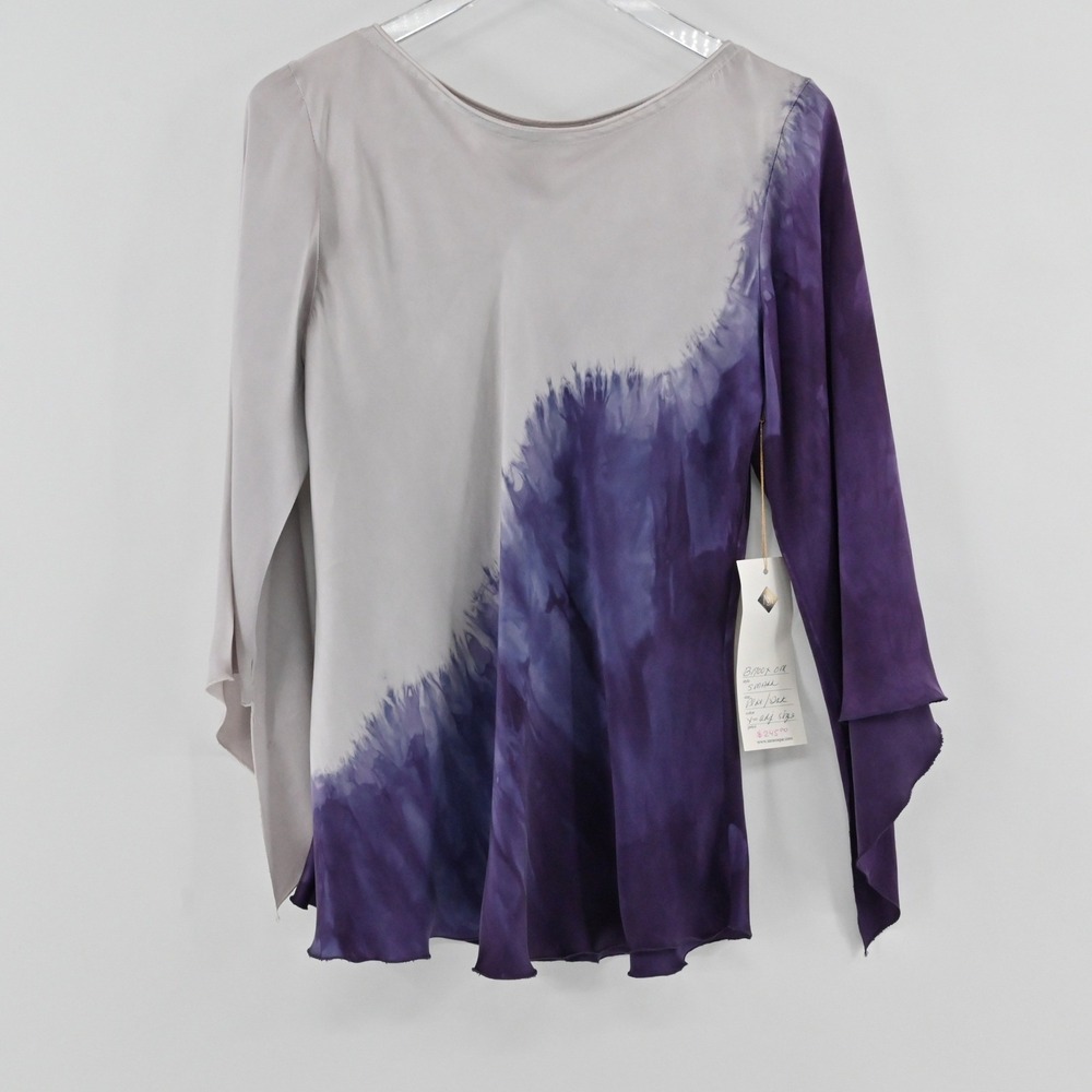 Sara Mique Tie Dye Silk Blouse Womens Size S Purple Grey Bell Sleeve Vintage Y2k